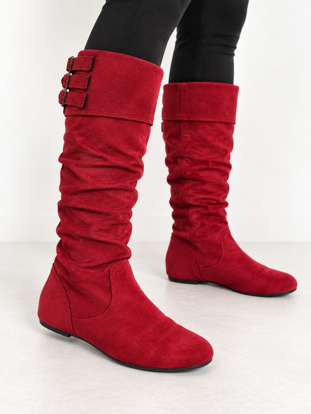 Candie's Red Slouchy Knee High Boots Size 8 Triple Buckle Boho Flat Suede Look